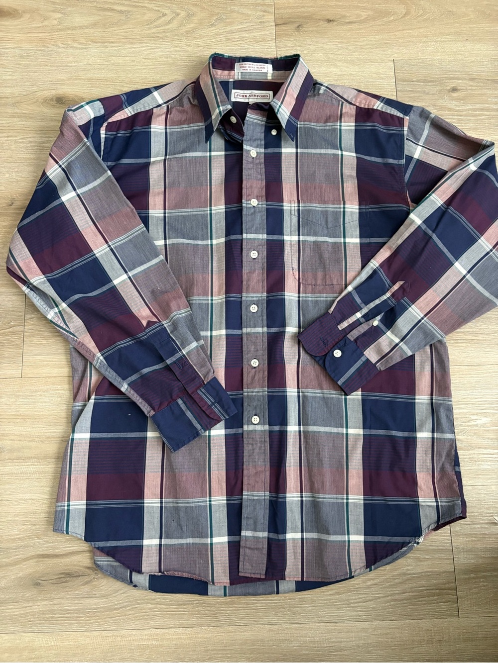John Ashford Men’s Plaid Button-Down Shirt in Navy, Burgundy & Gray